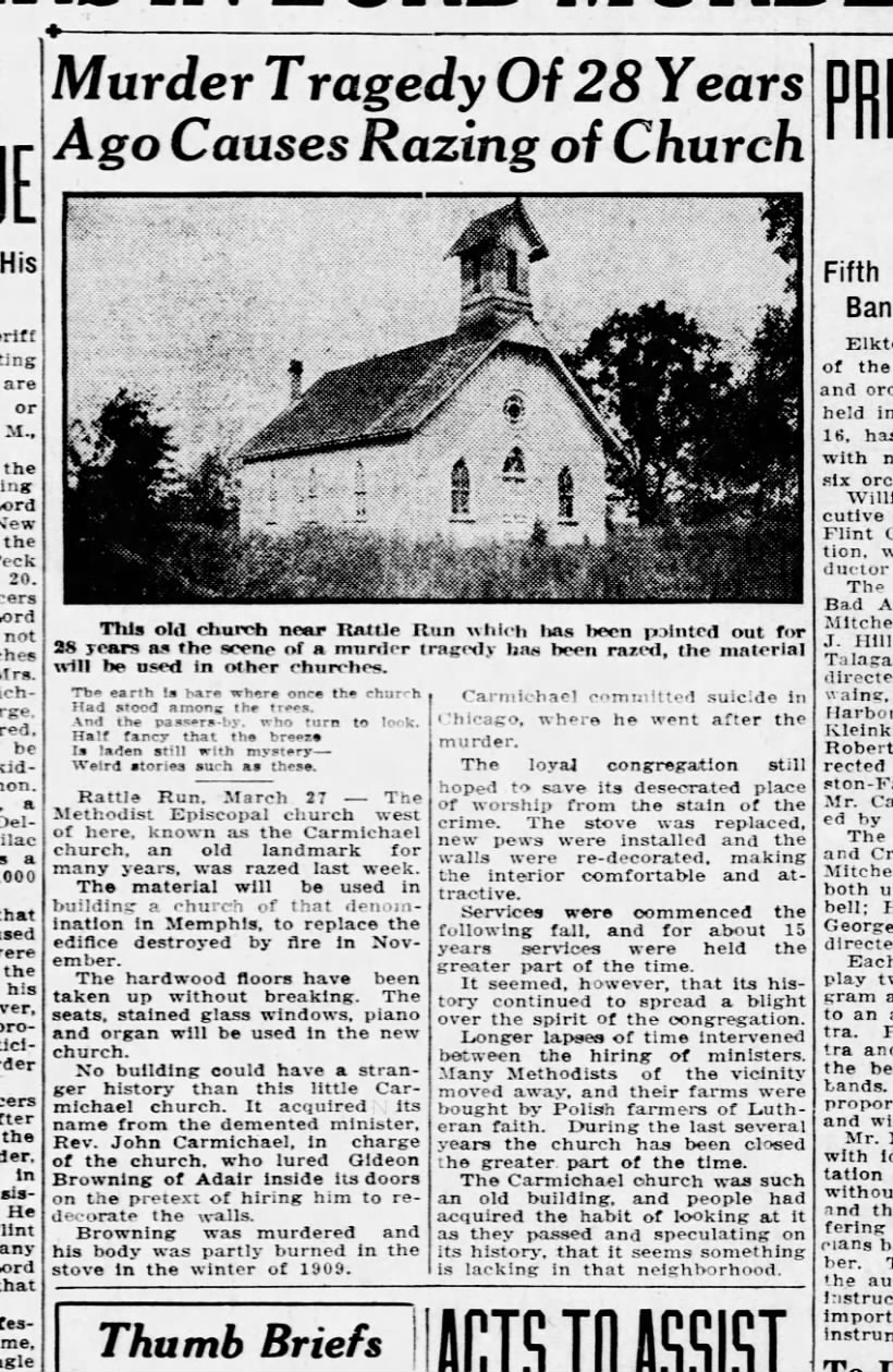 Times Herald:  Rattle Run Church Razed - 1937
