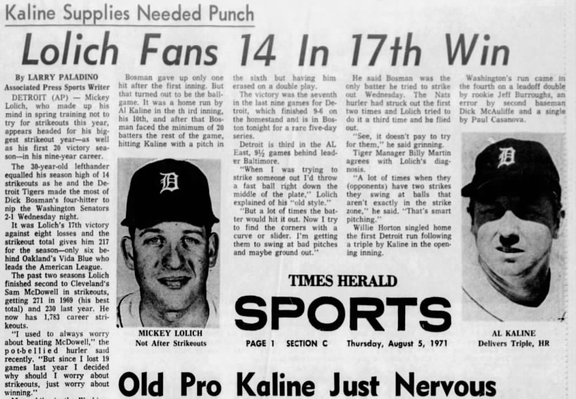 Thurs 8/5/71: Lolich on strikeouts