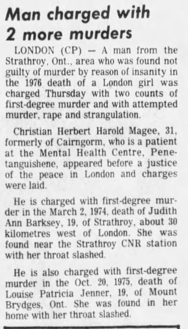 Christian Magee - 2 More Murder Charges (Judith Ann Barksey and Louise Patricia Jeanner)