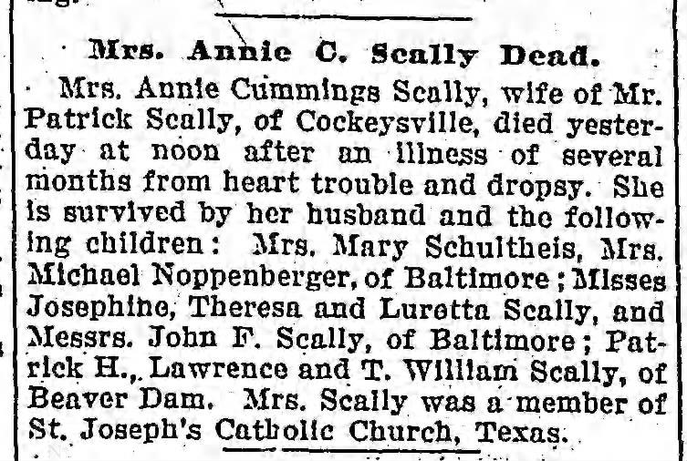 Annie Cummings Scally obituary 1906