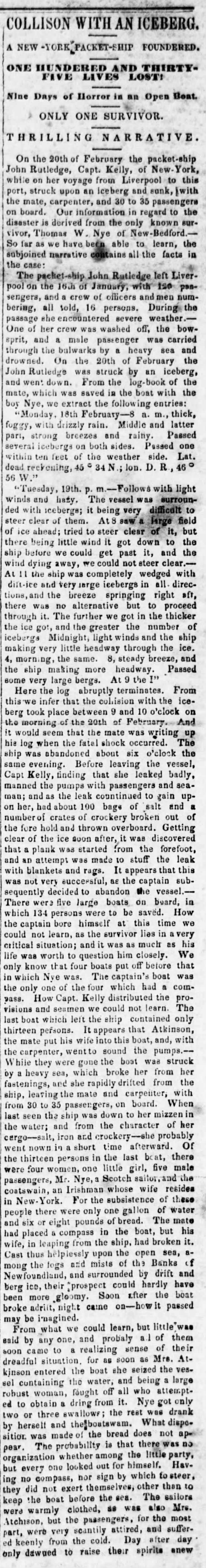 Thomas W Nye account of John Rutledge ship sinking