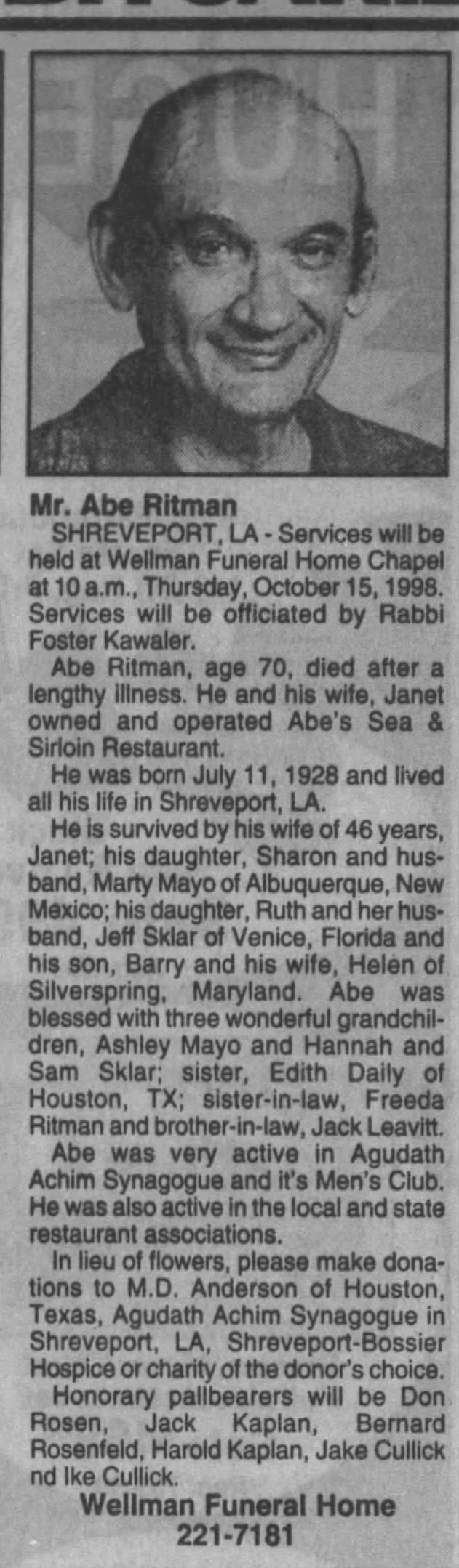 Abe Ritman Obituary 1998