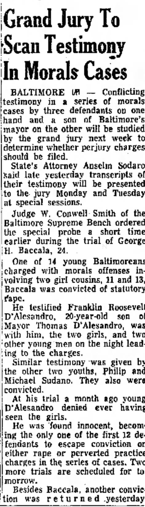 Grand jury investigation into 1953 Baltimore rape acquittal of Franklin D. Roosevelt D'Allesandro