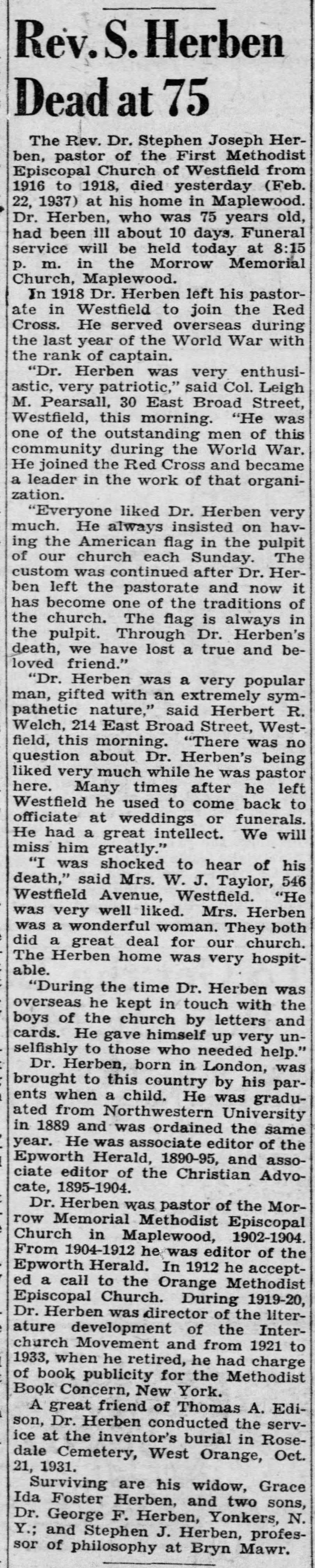 Rev. S. Herben Dead at 75