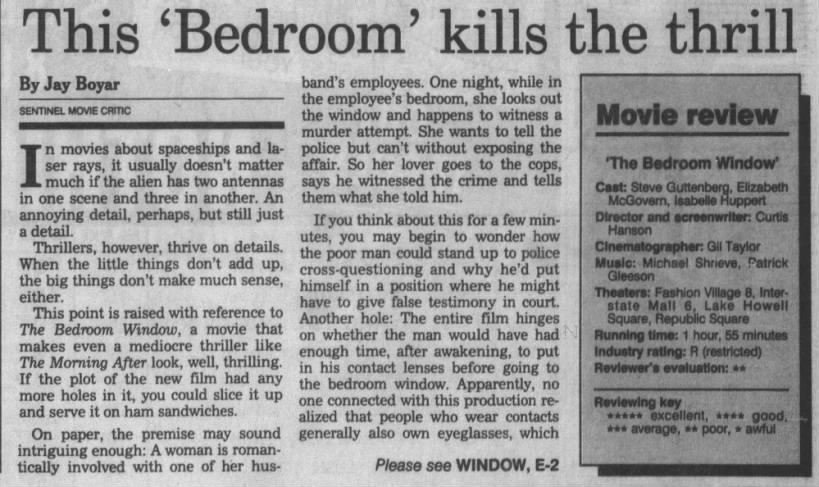 Orlando Sentinel The Bedroom Window review*