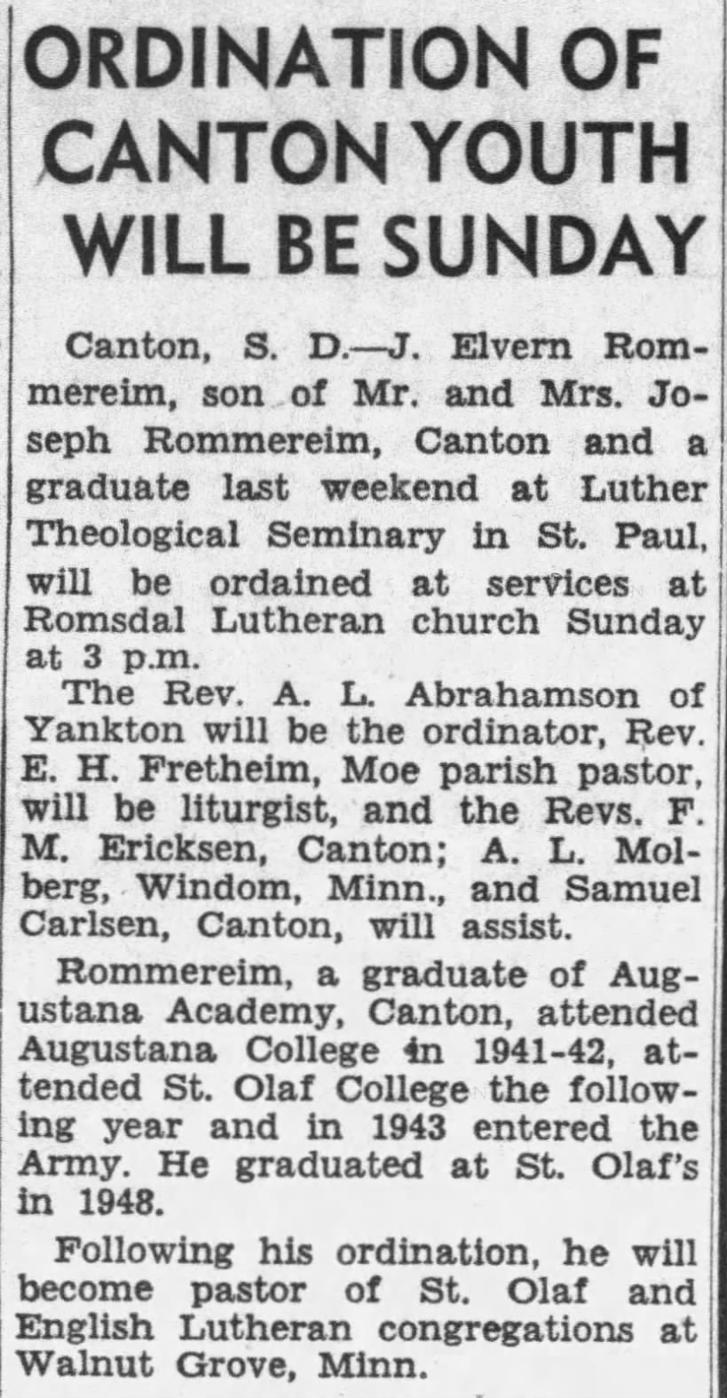 Ordination of Elvern Rommereim Argus Leader 5/25/1952