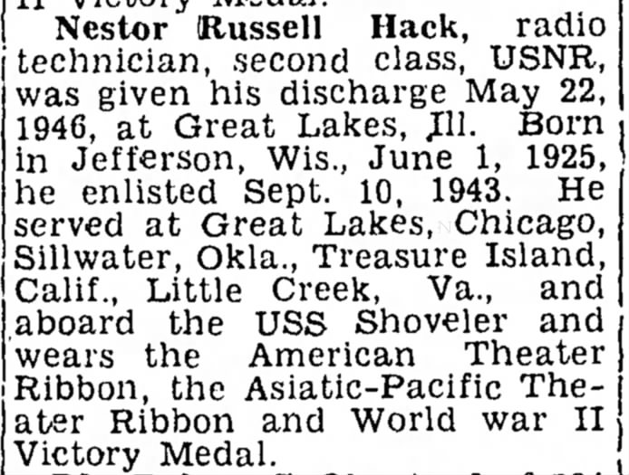 Nestor Russell Hack served in Asiatic-Pacific Theater