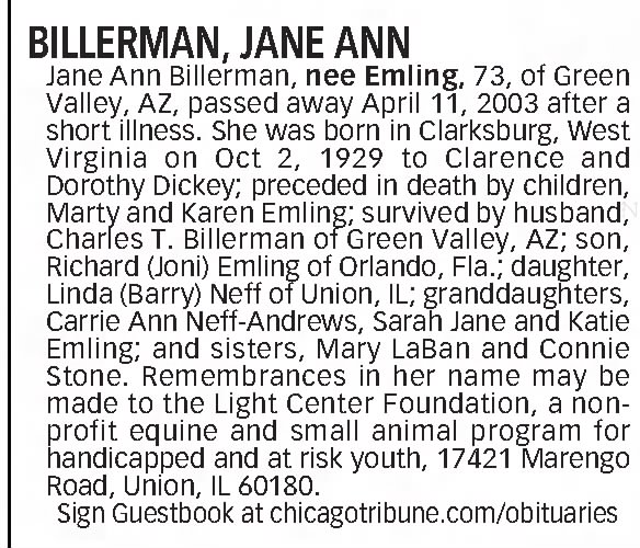 Obituary: Jane Ann BILLERMAN nee Dickey, 1929-2003 (Aged 73)