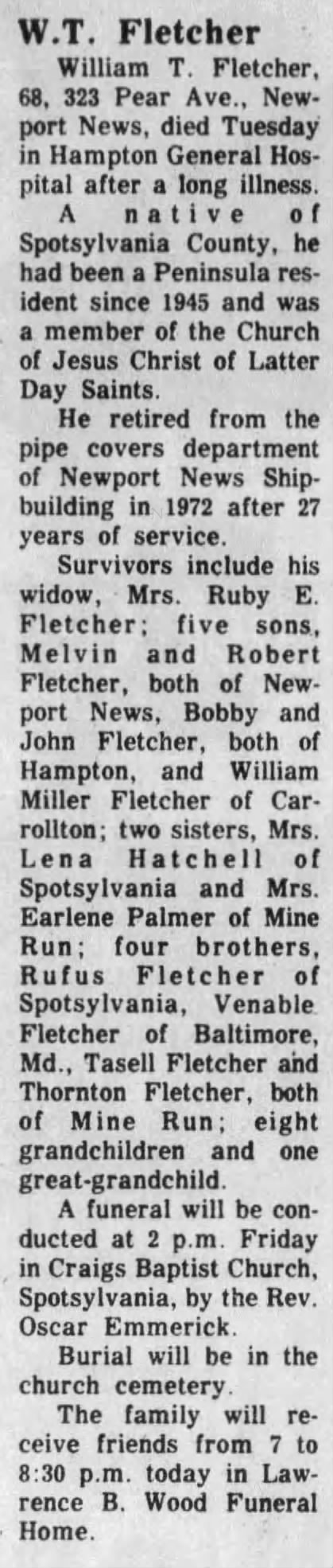 Obituary for W.T. Fletcher (Aged 68)