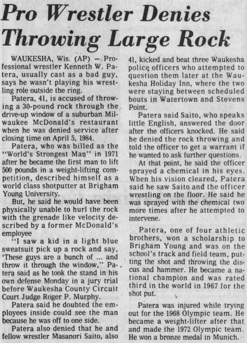 Pro wrestler denies throwing large rock (AP via Sheboygan Press 6/4/1985)