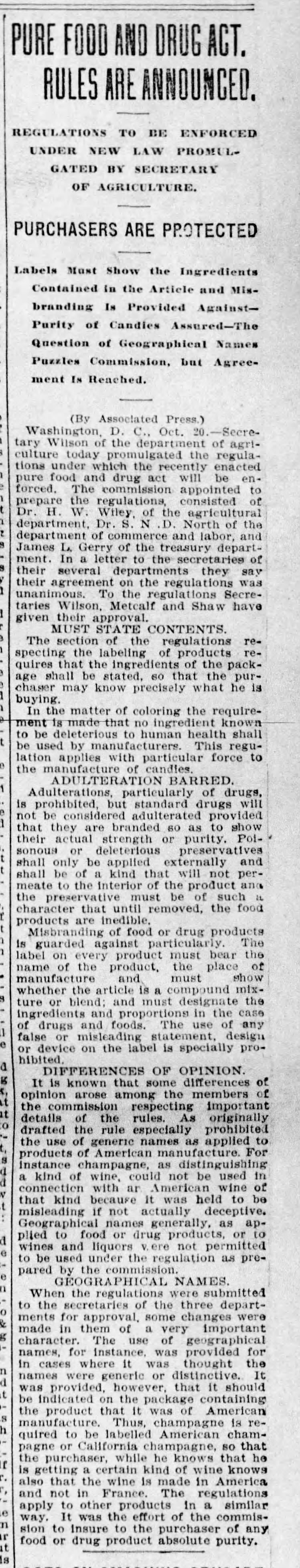 Pure Food and Drug Act rules are announced, 1906