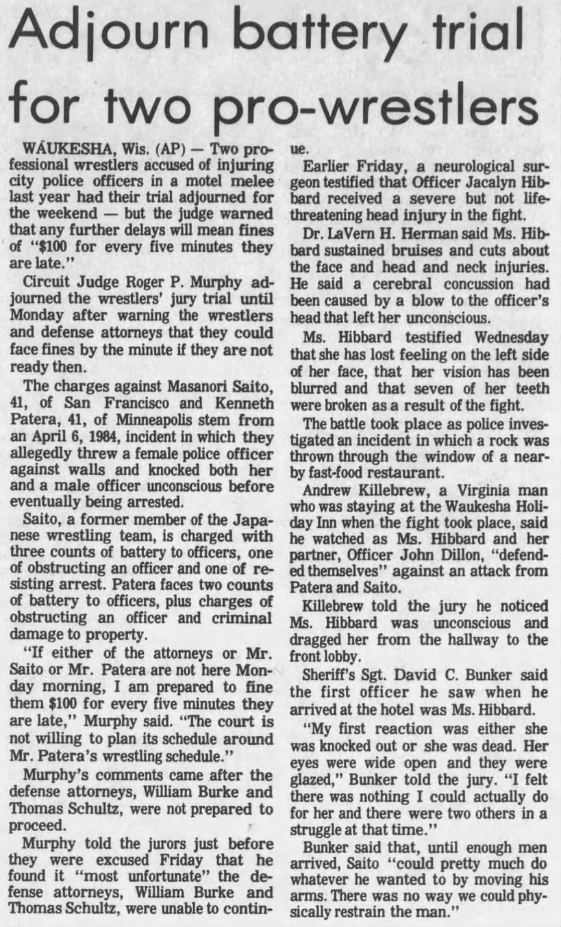 Adjourn battery trial for two pro wrestlers (AP via Stevens Point Journal 6/1/85)