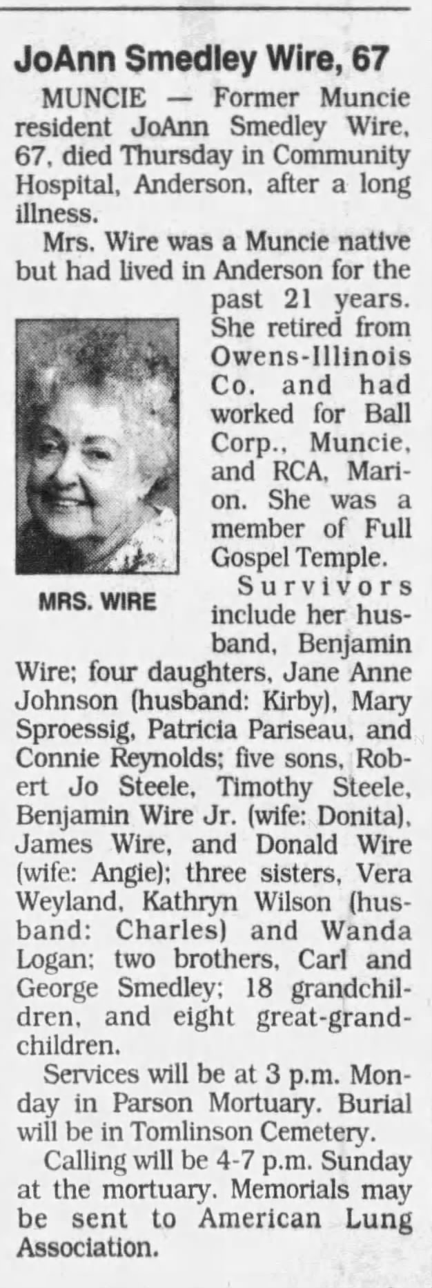 Obituary for Jo Ann Smedley Wire (Aged 67) - Newspapers.com