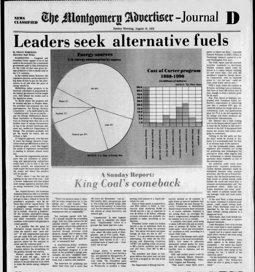 Robertson, P. 1979. Leaders seek alternative fuels. The Montgomery-Advertiser-Journal, August 19