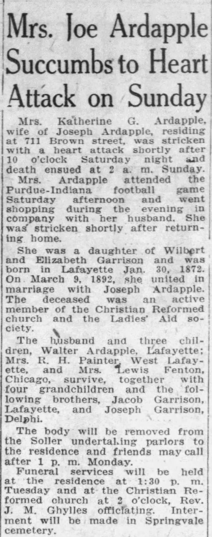 Obituary: Katherine G. Ardapple nee Garrison (1872 - 1930)
