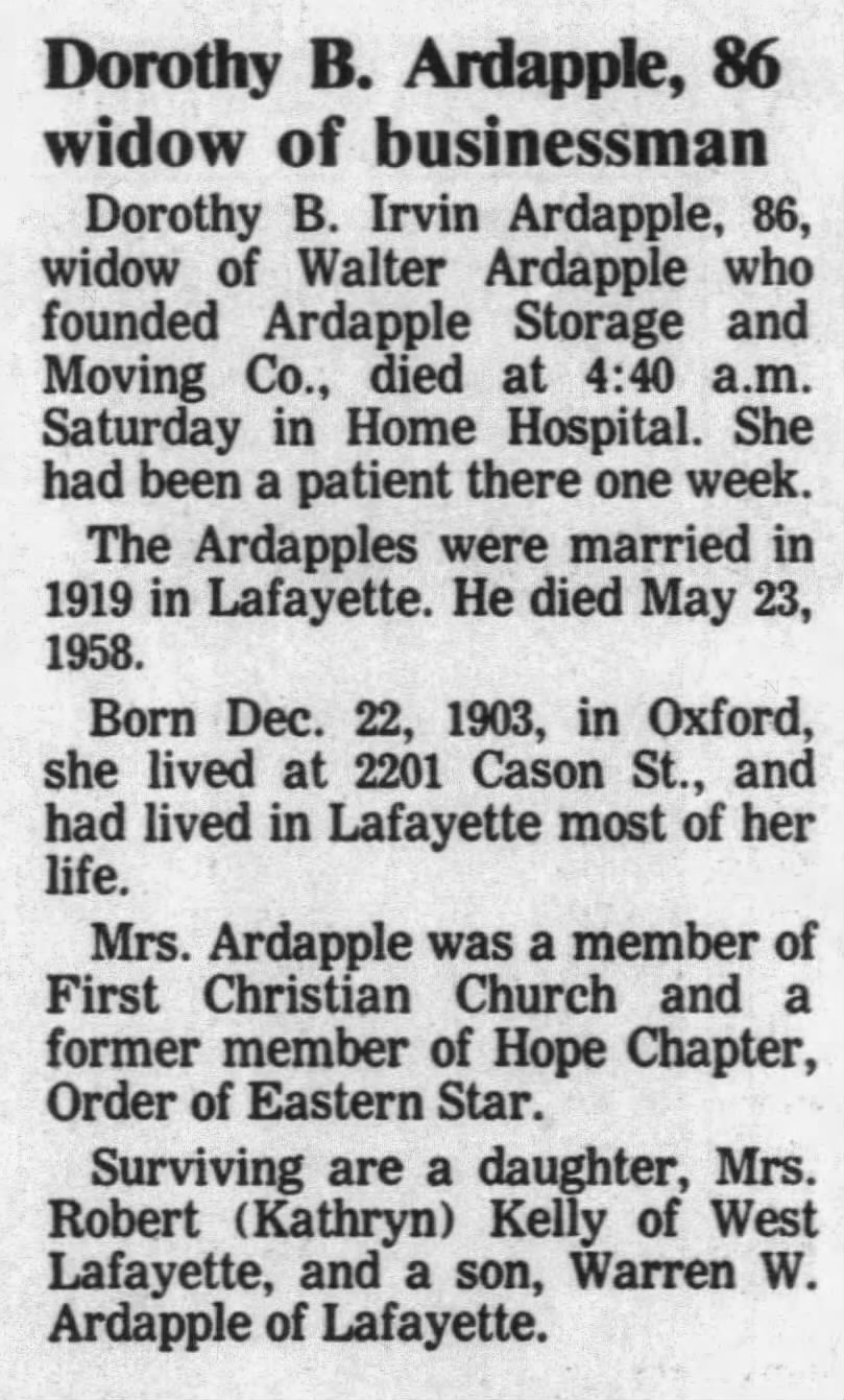 Obituary: Dorothy B. Ardapple (Aged 86)