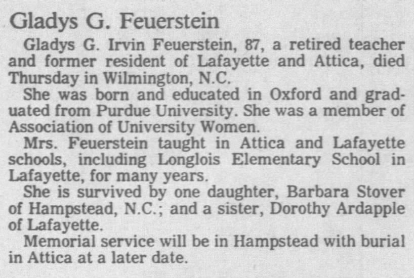 Obituary: Gladys G. Irvin Feuerstein (Aged 87)