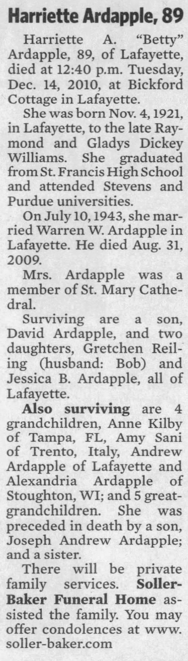 Obituary: Harriette A. "Betty" Ardapple nee Williams (Aged 9)