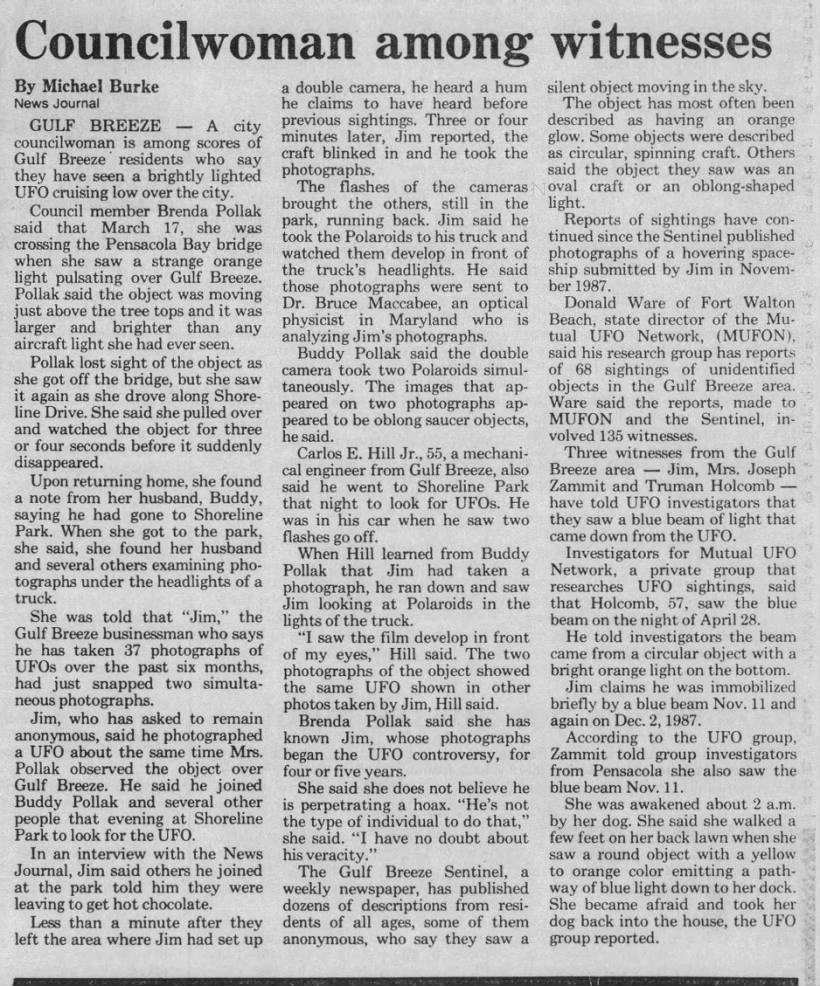 Pensacola News Journal - May 21, 1988 - page 19A Gulf Breeze UFO