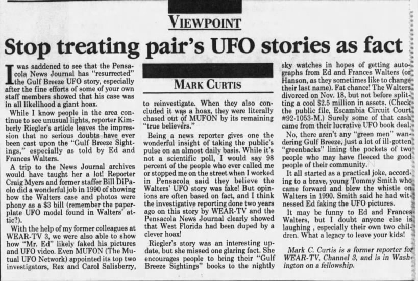 Pensacola News Journal - Mark Curtis - Feb 21, 1993 page 17 Gulf Breeze UFO