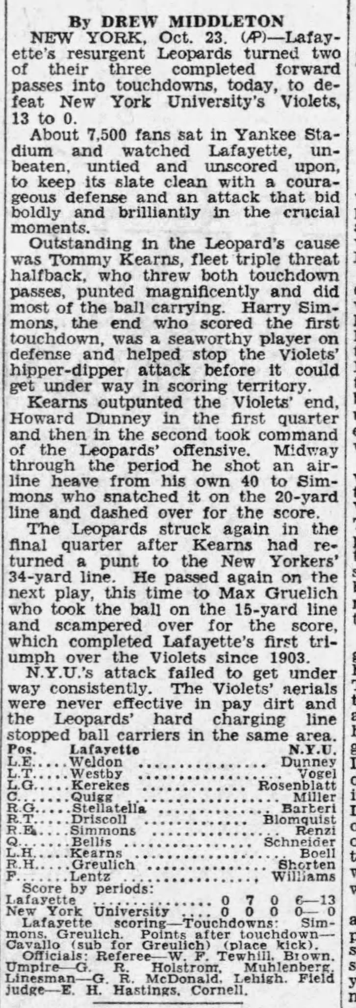 Lafayette defeats N.Y.U., 13–0, to keep its 1937 slate clean