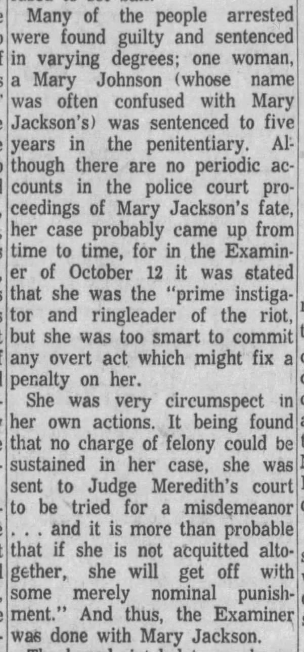 Many Richmond rioters arrested. Mary Jackson gets nominal punishment.