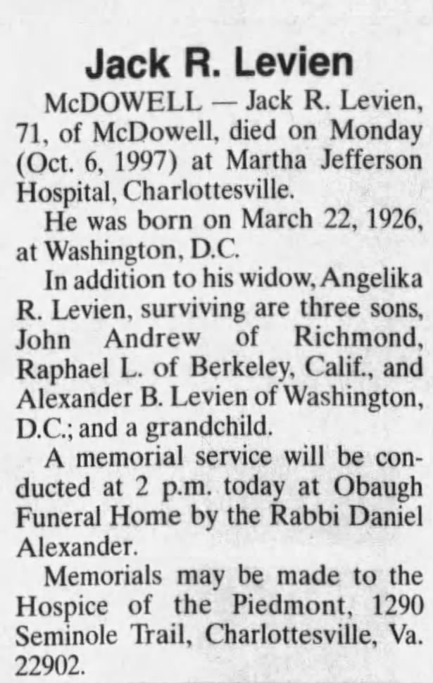 Obituary for Jack R. Levien, 1926-1997 (Aged 71)