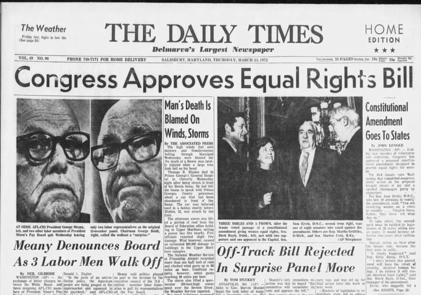 Front page news about the U.S. Senate approving the Equal Rights Amendment in 1972