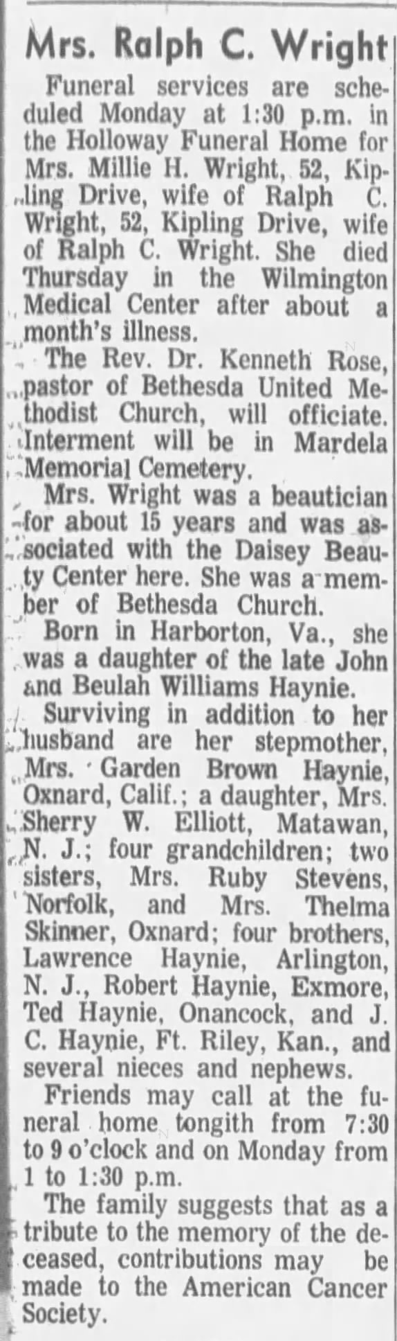 Millie Williams Haynie Barnes Wright obituary 19 Dec 1971