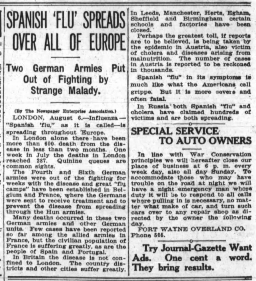 Newspaper article about the spread of Spanish Flu across Europe; thousands of deaths are reported