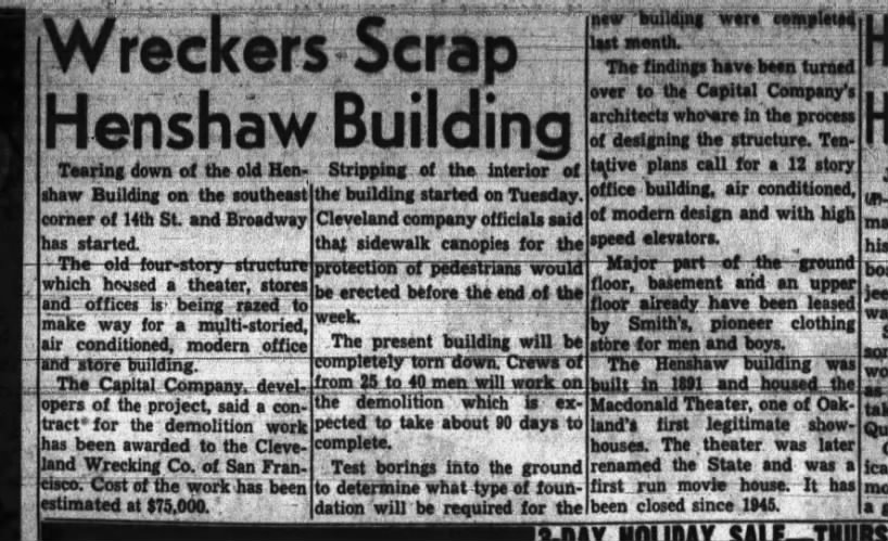 Wreckers Scrap Henshaw Building - Oakland Tribune January 5, 1956