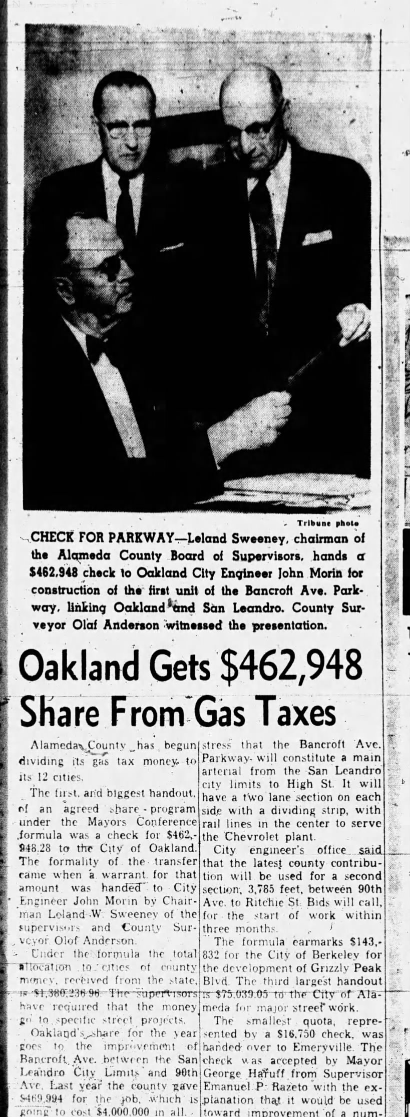 Oakland Gets $462,948 Share From Gas Taxes - January 16, 1957
