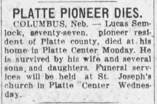 Platte Pioneer Dies - 1929