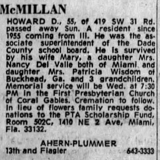 Obituary: HOWARD D MILLAN (Aged 55)