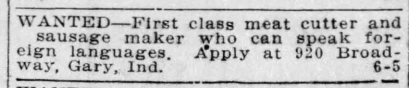 1909 Help Wanted Ad for sausage maker