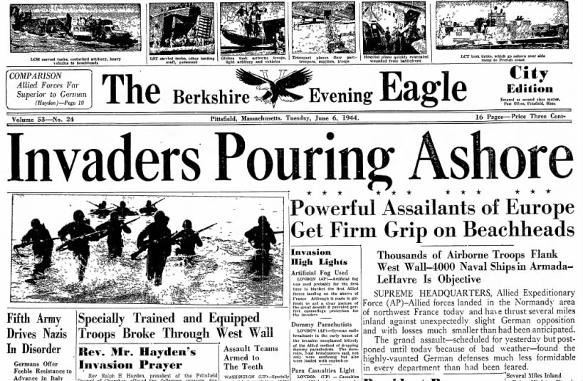 D-Day front page in Pittsfield, MA (Jun 6, 1944)