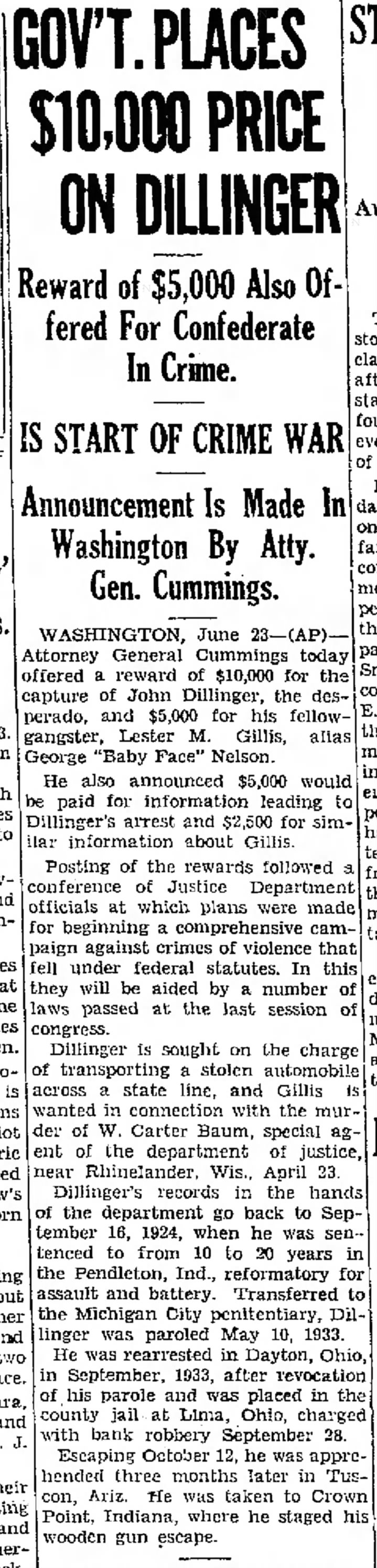 Gov't offers $10,000 for capture of Dillinger