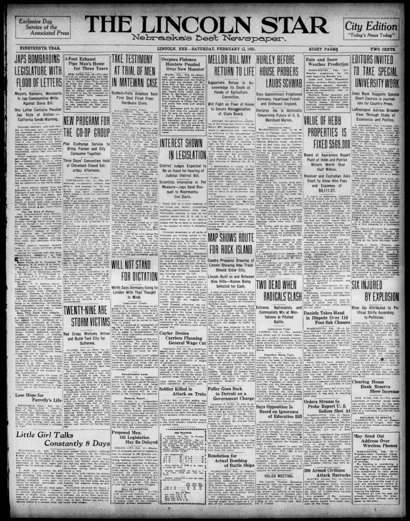First issue of Lincoln Star under new title, 12 Feb 1921