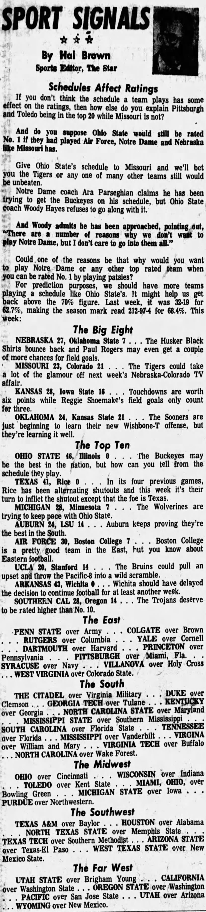 1970.10 Hal Brown, predictions for Okla. State week