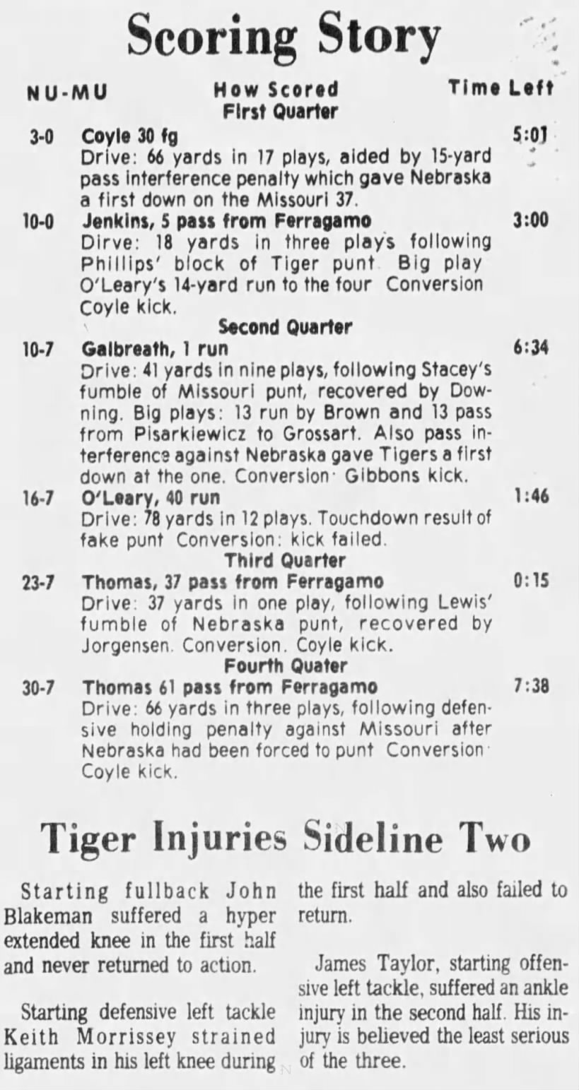 1975 Nebraska-Missouri scoring summary