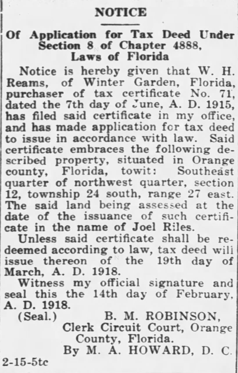 W.H. Reams purchase of a tax deed for Riles Island