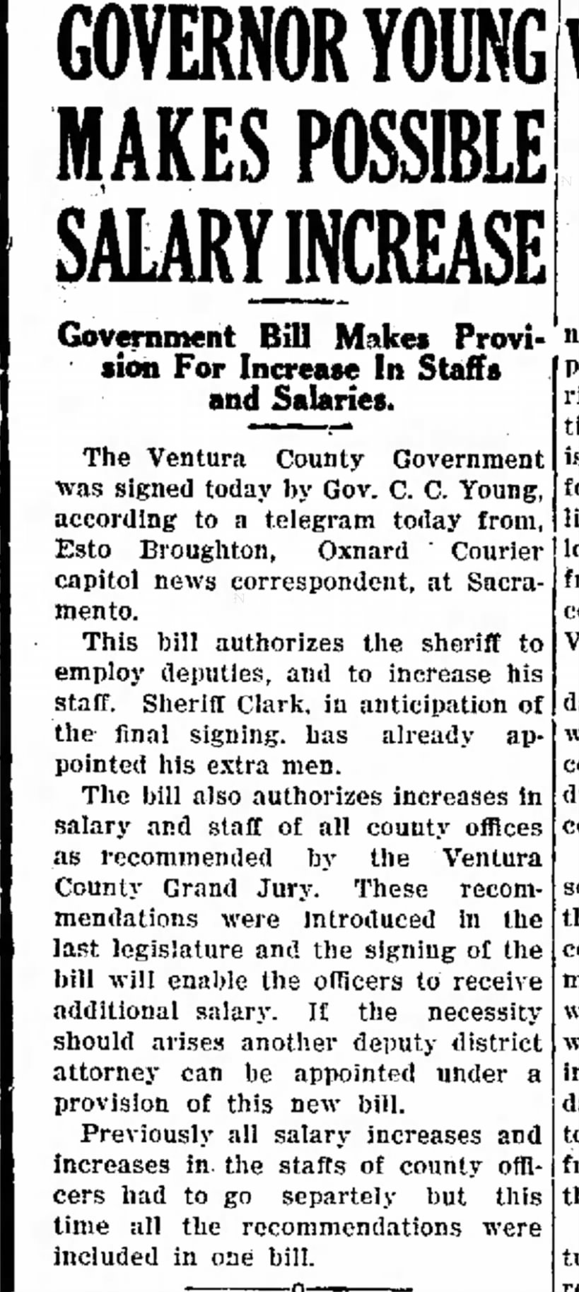 Oxnard Courier - 1927 May 14 - Governor approves raise new positions