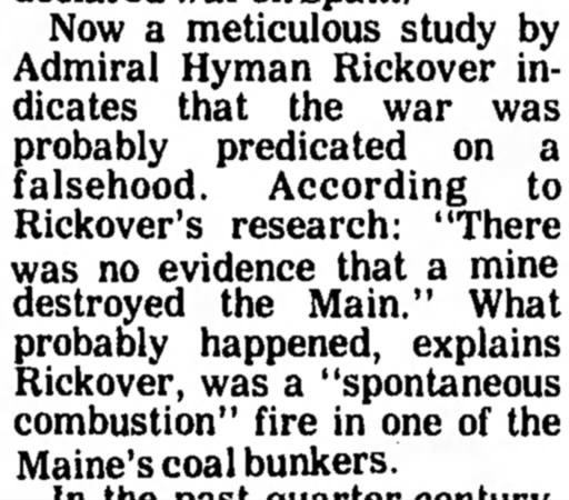 Rickover concludes that a fire in a coal bunker caused the Maine explosion
