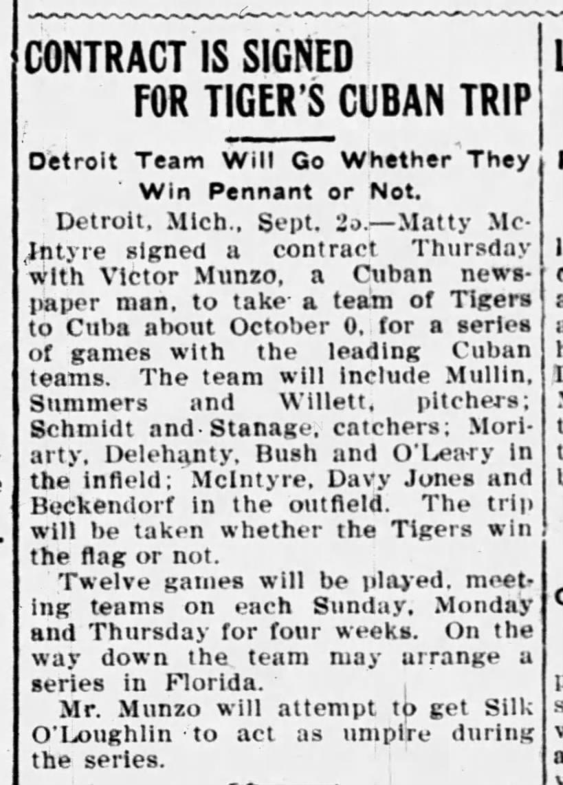 Tigers sign contract to play in Cuba 1909