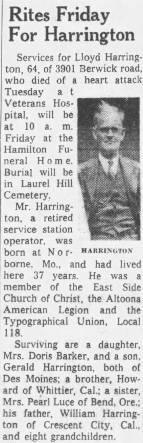 Obituary for Lloyd Harrington (Aged 64)
