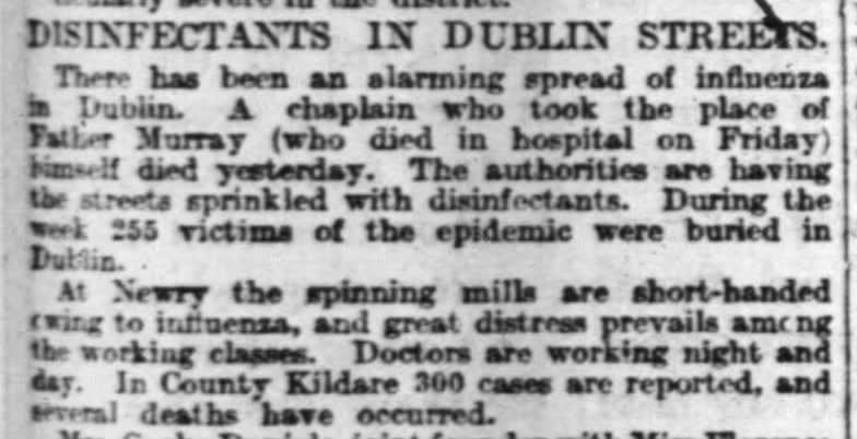 Article reports "an alarming spread" of Spanish flu in Ireland; Disinfectant used on Dublin streets