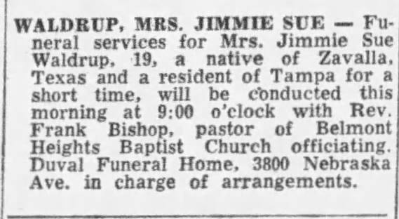 Obituary for JIMMIE SUE Waldrup (Aged 19)