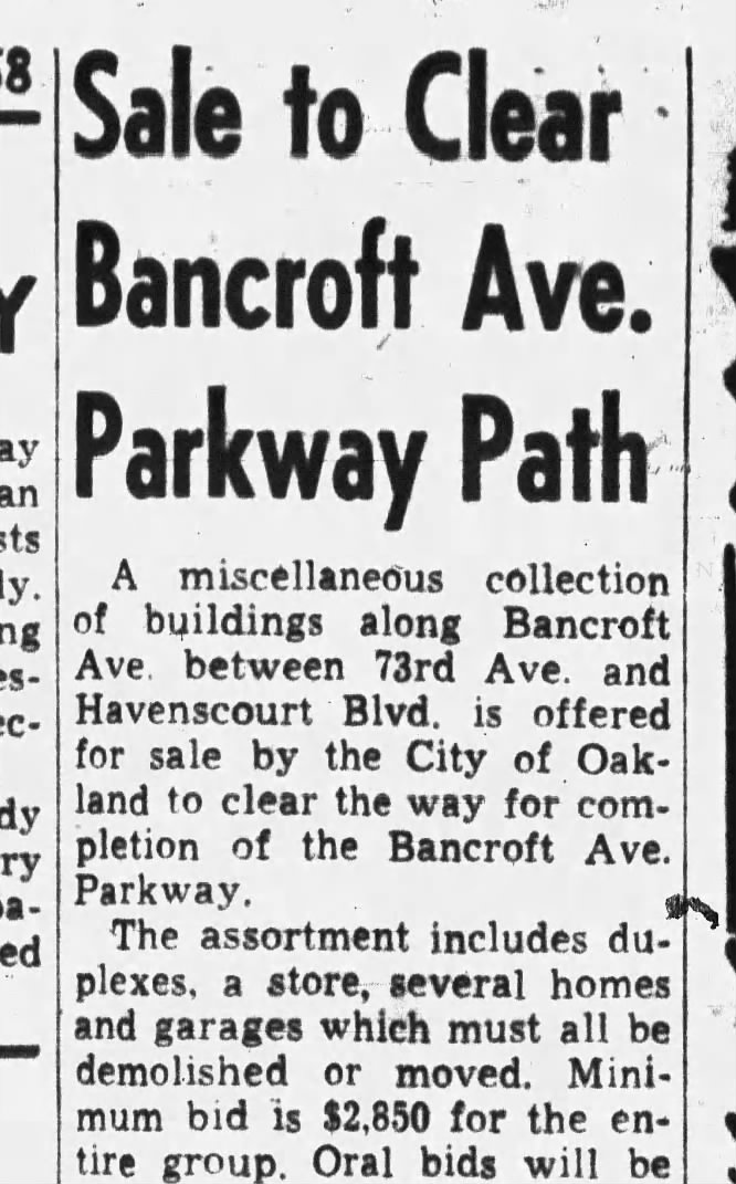 Sale to Clear Bancroft Ave. Parkway Path - Oakland Tribune Apr 16, 1958