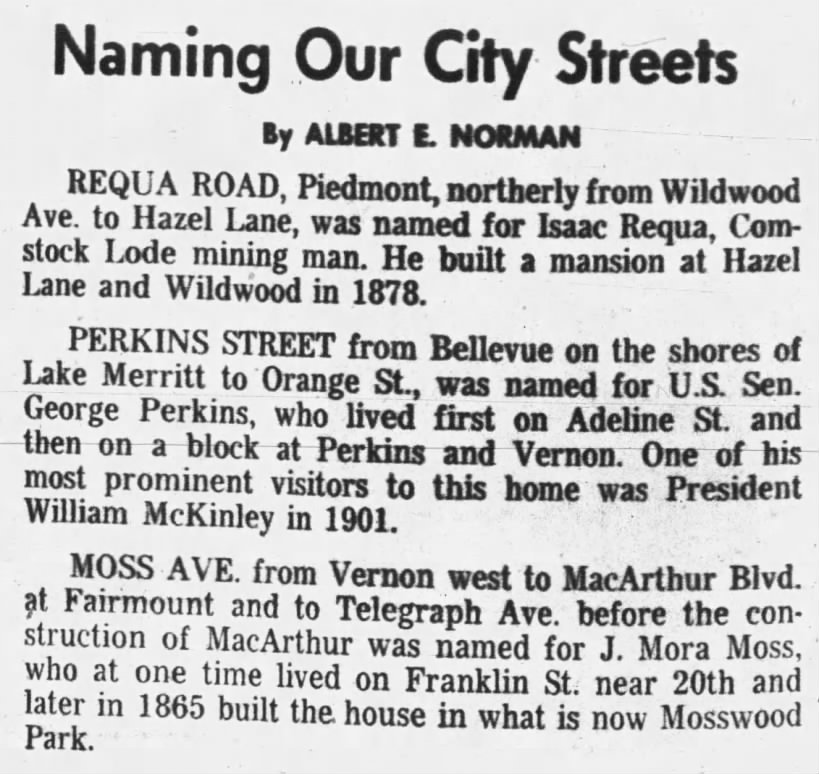 Naming Our City Streets -- Requa (Piedmont), Perkins, Moss