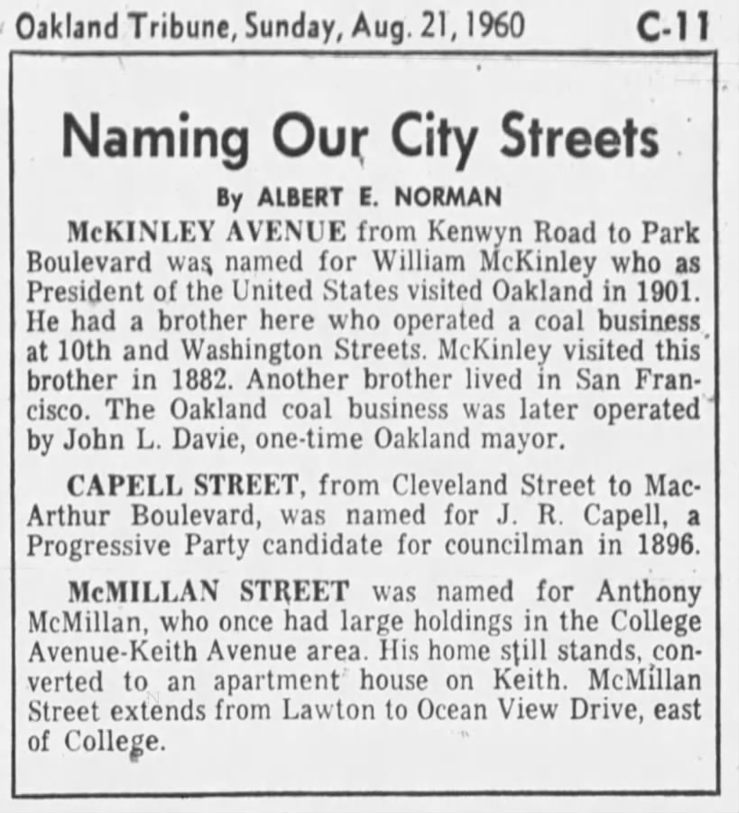 naming our streets -- McMillan, Capell, McKinley